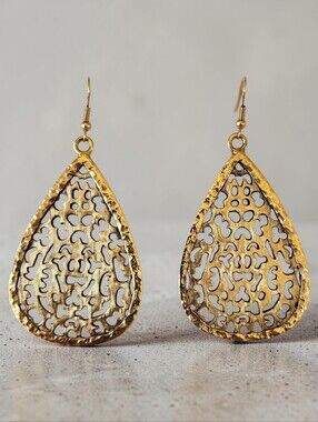 Goldtone Filagree Cutout Teardrop Dangle Drop Statement Earrings